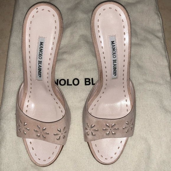 Manolo Blahnik Shoes - Manolo Blahnik pink suede mule peep toe heels